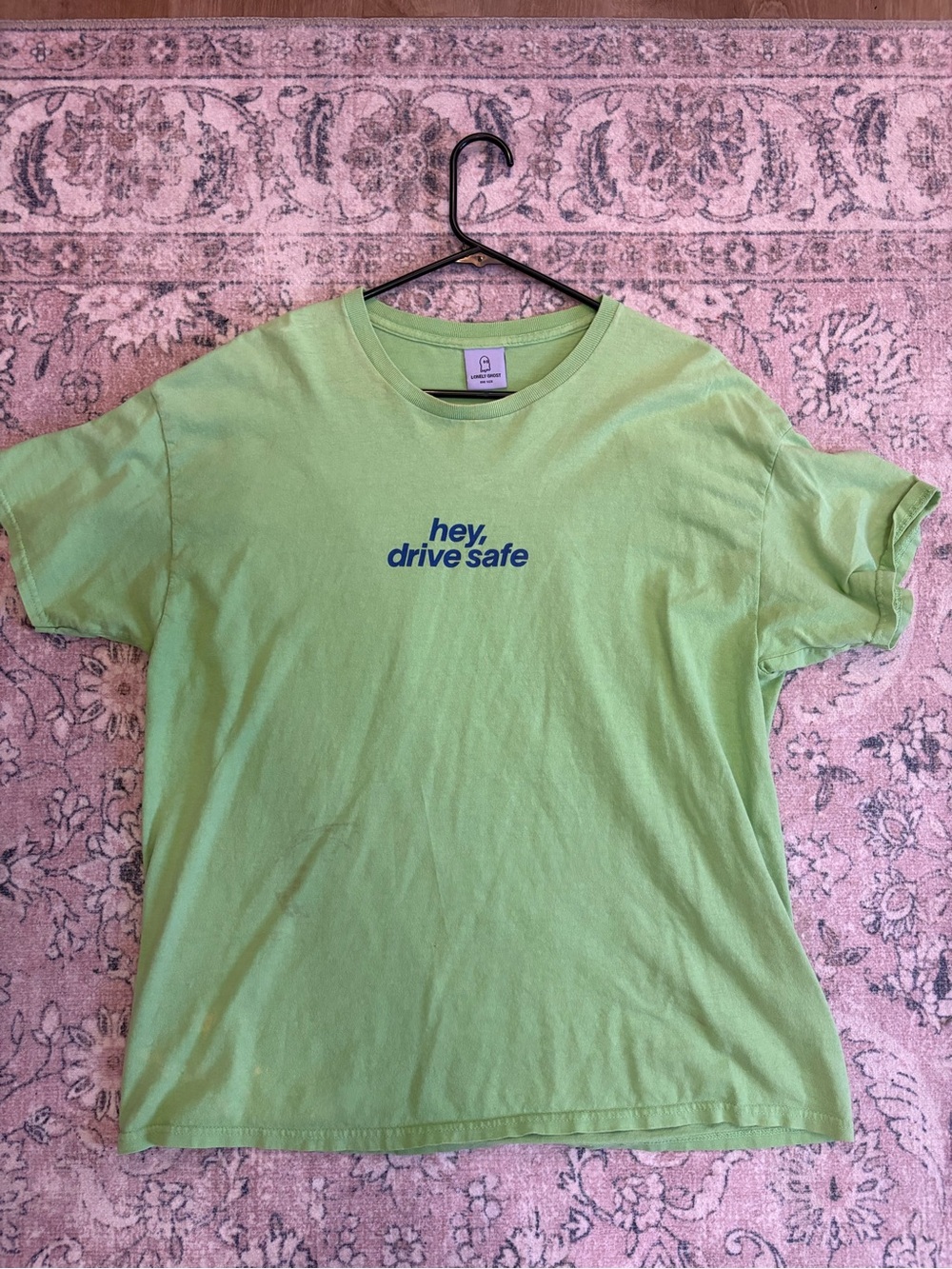 LONELY GHOST Lime Green Tee with Navy 'hey, drive safe' Graphic